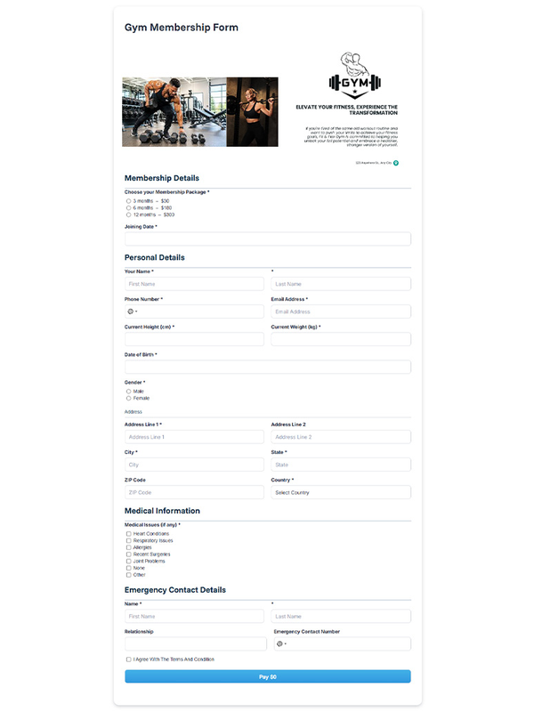 Gym Membership Form Gym Membership Form