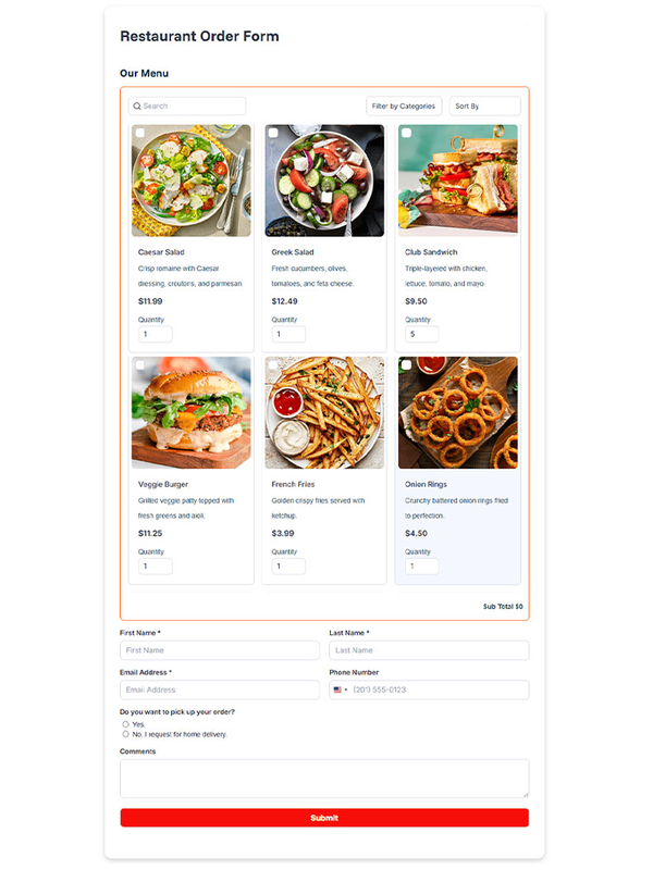 Restaurant Order Form Restaurant Order Form